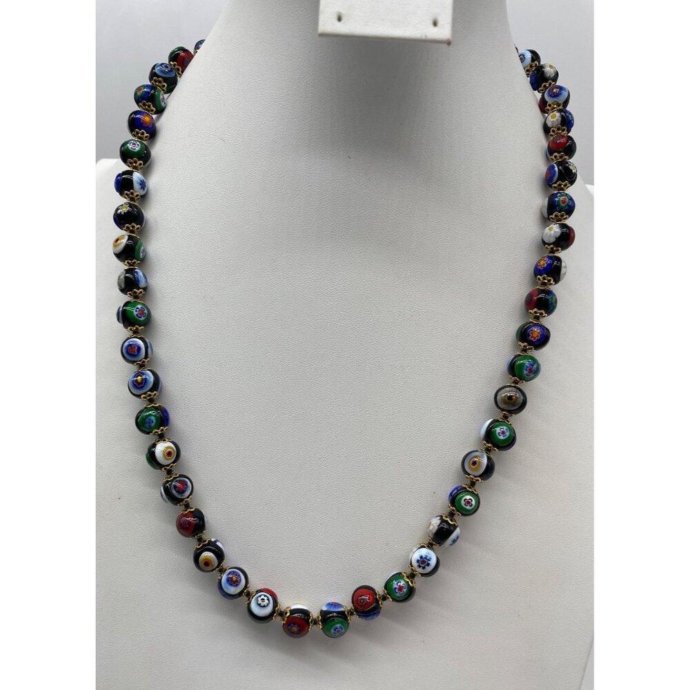 Vintage Black Murano Millefiori Glass Bead Necklace Gold-Tone Accents 24"